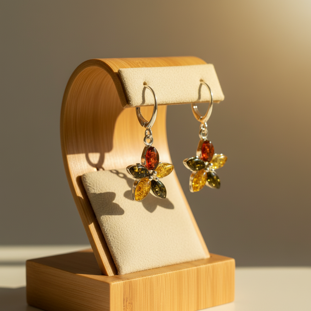 925 Sterling Silver & Genuine Baltic Amber Flowers Drop Dangle Earrings - 8561