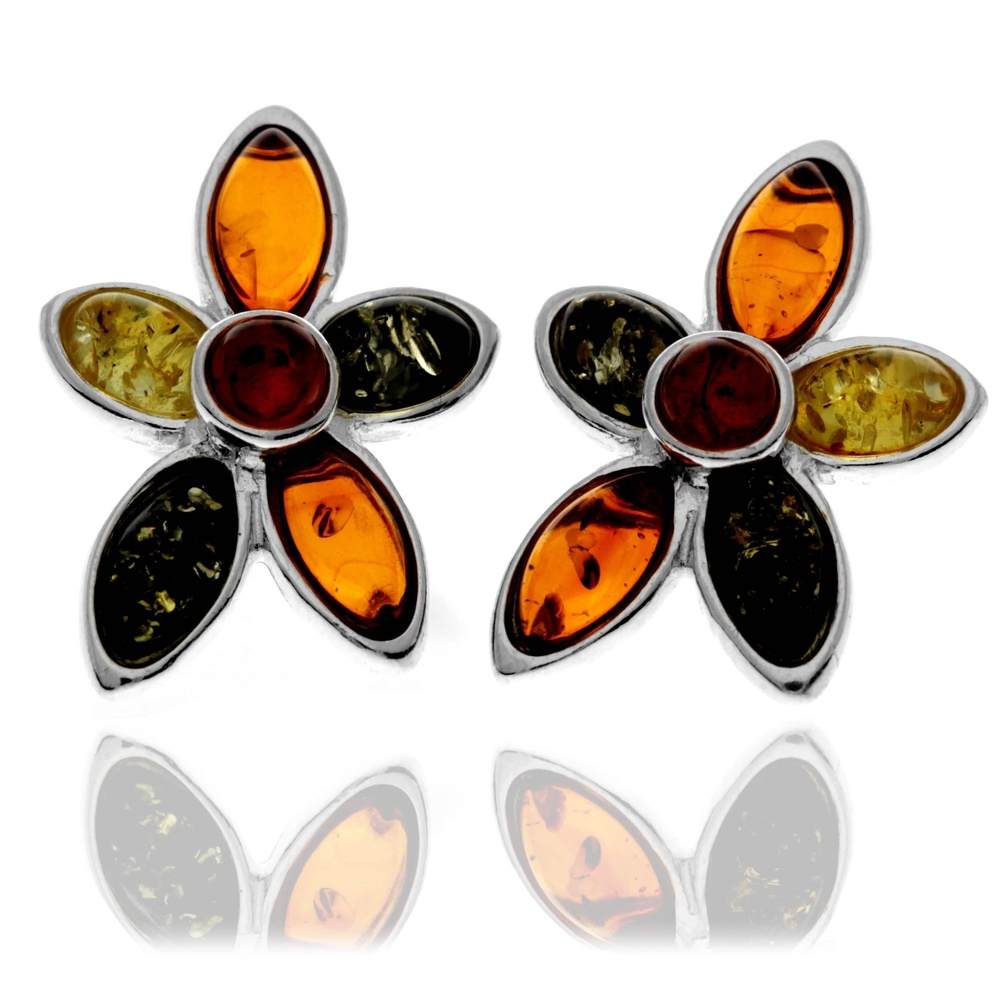 925 Sterling Silver & Genuine Multi-Stone Baltic Amber Studs Earrings - GL060