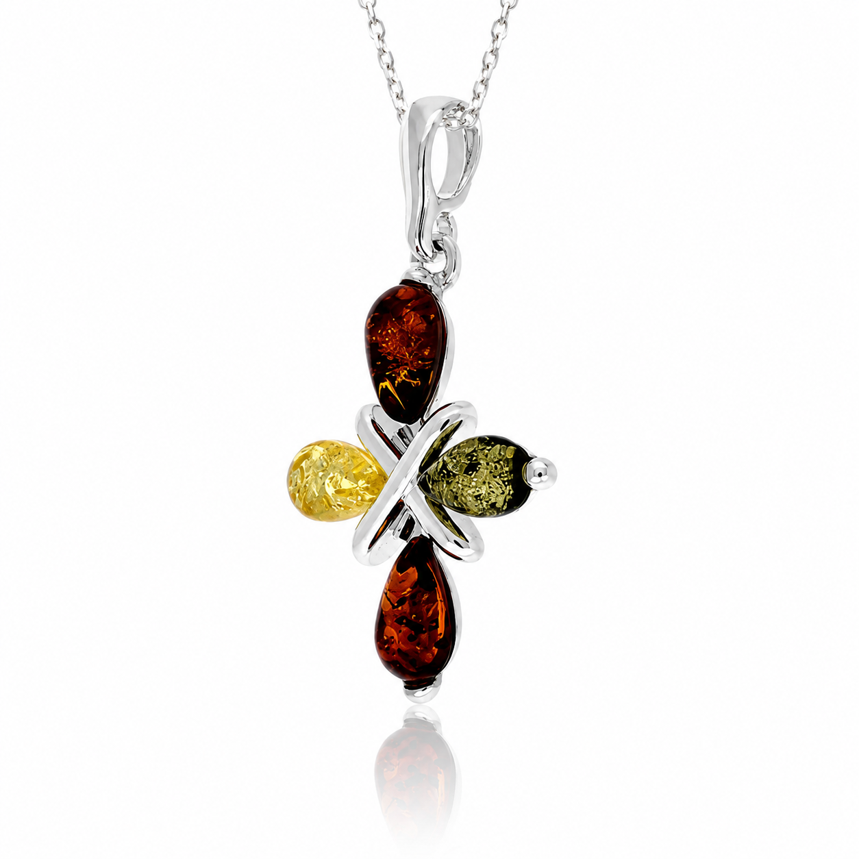 925 Sterling Silver & Genuine Baltic Amber Multi Stone Cross Pendant - 1778