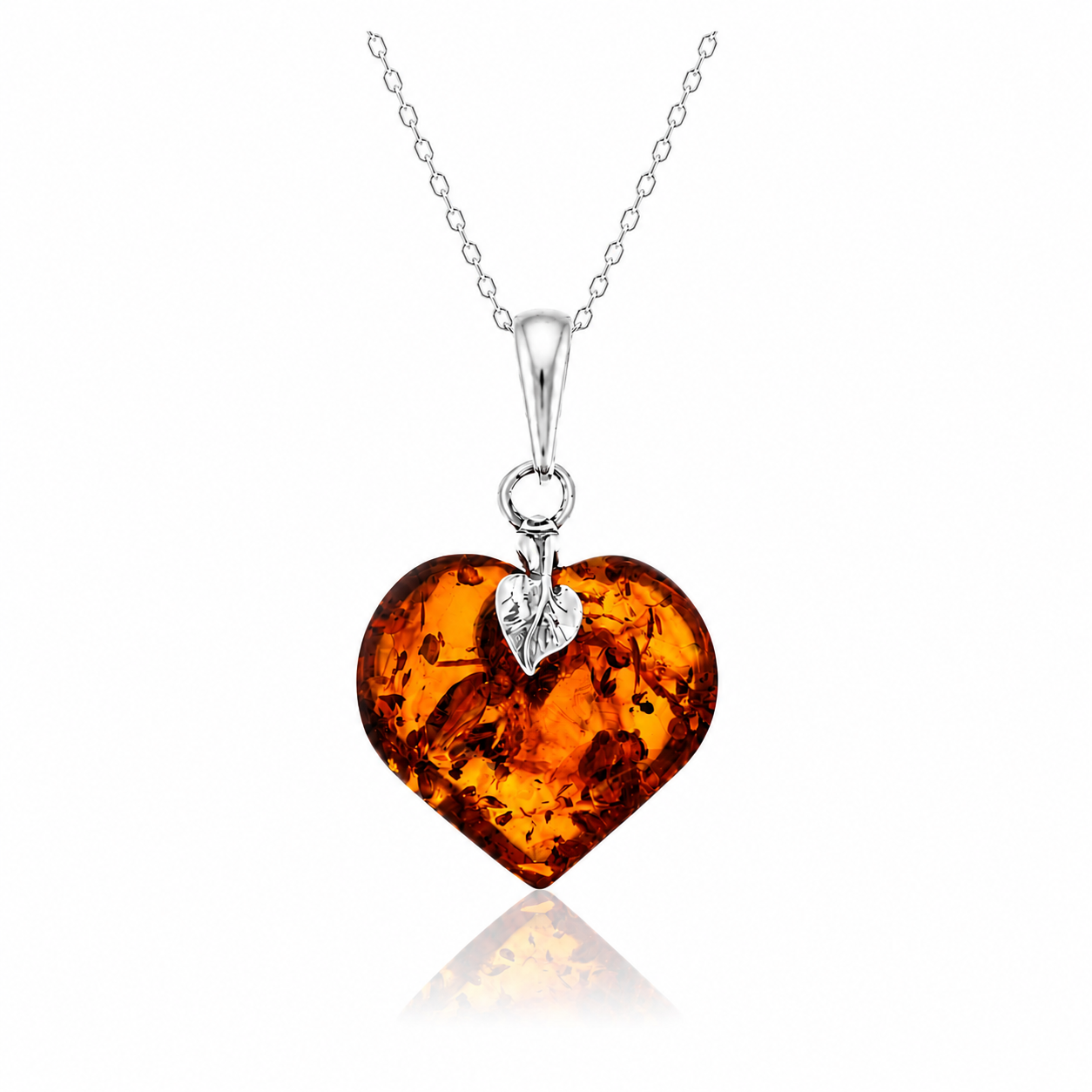 925 Sterling Silver & Genuine Baltic Amber Heart with Silver Leaf Exclusive Pendant - 815