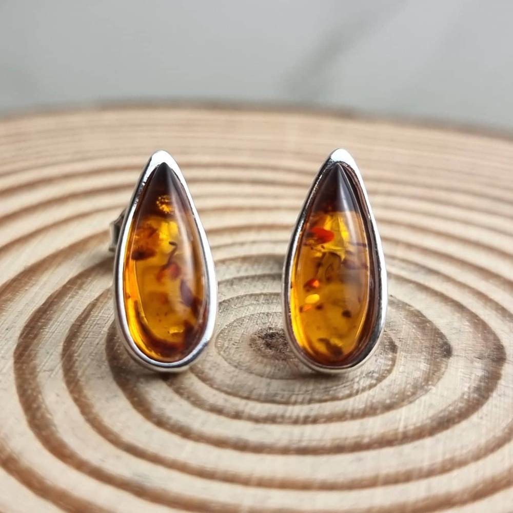 925 Sterling Silver & Baltic Amber Classic Teardrop Studs Earrings - G030S