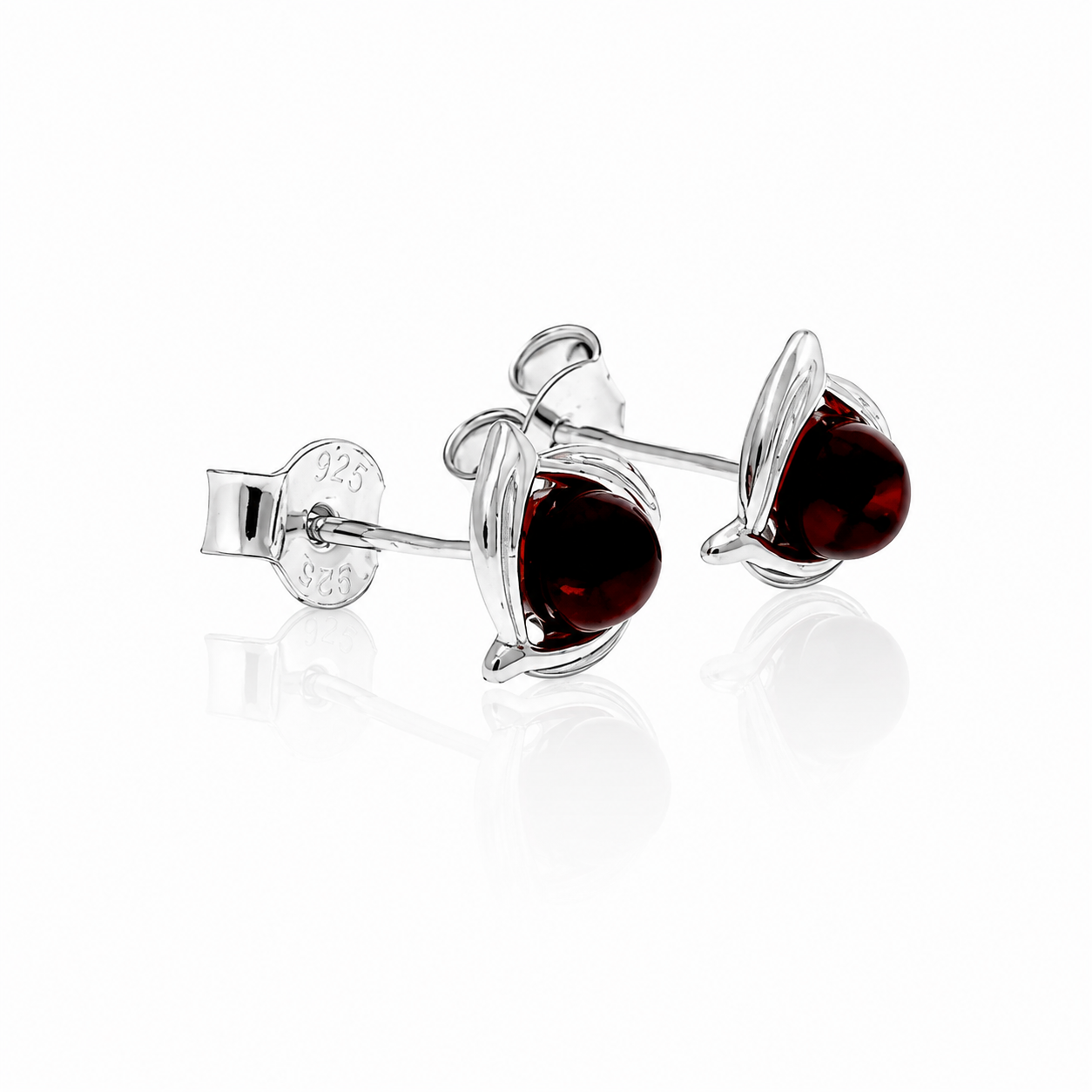 925 Sterling Silver & Genuine Baltic Amber Swirl Studs Earrings - 8575
