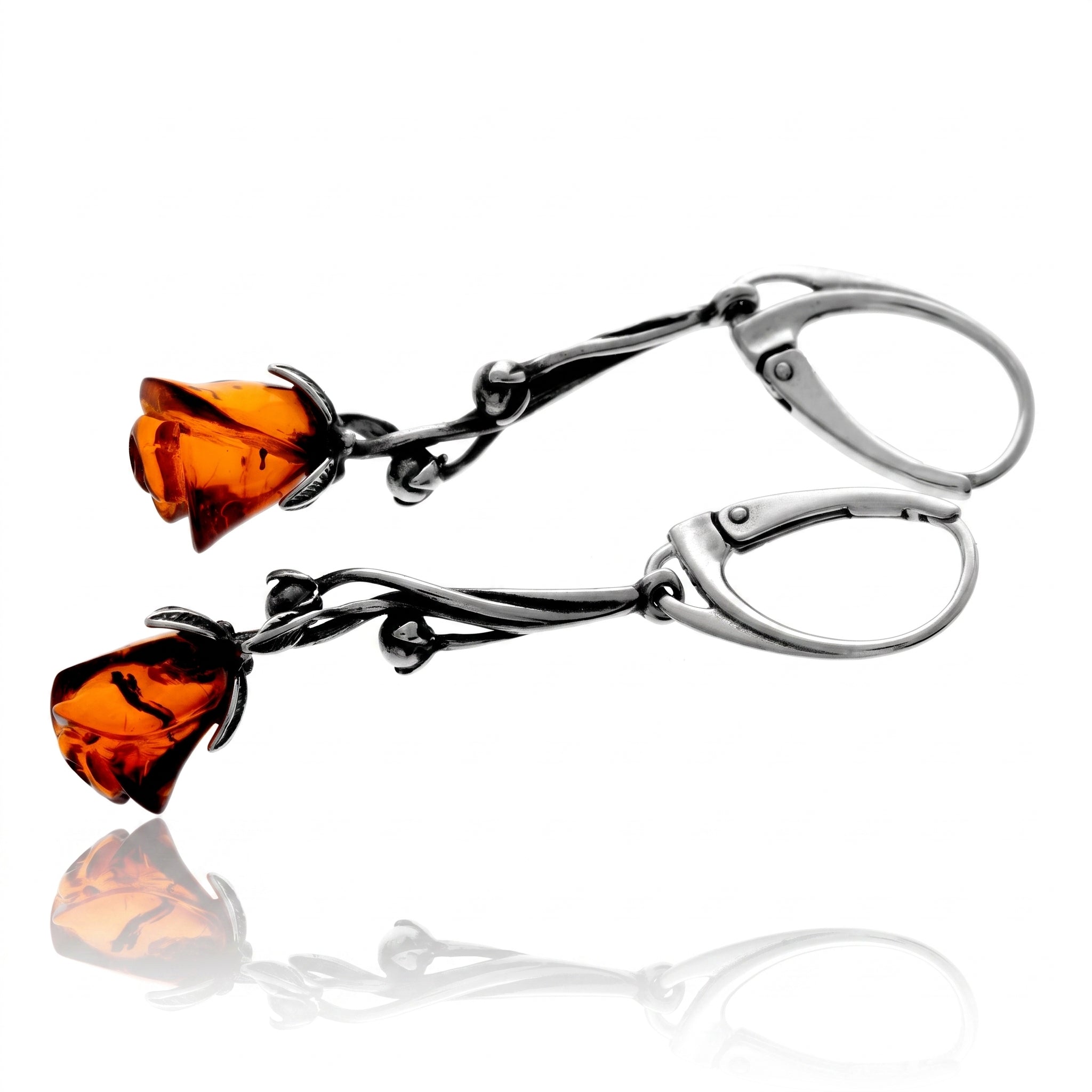925 Sterling Silver & Genuine Baltic Amber Rose Carved Long Drop Earrings - J011