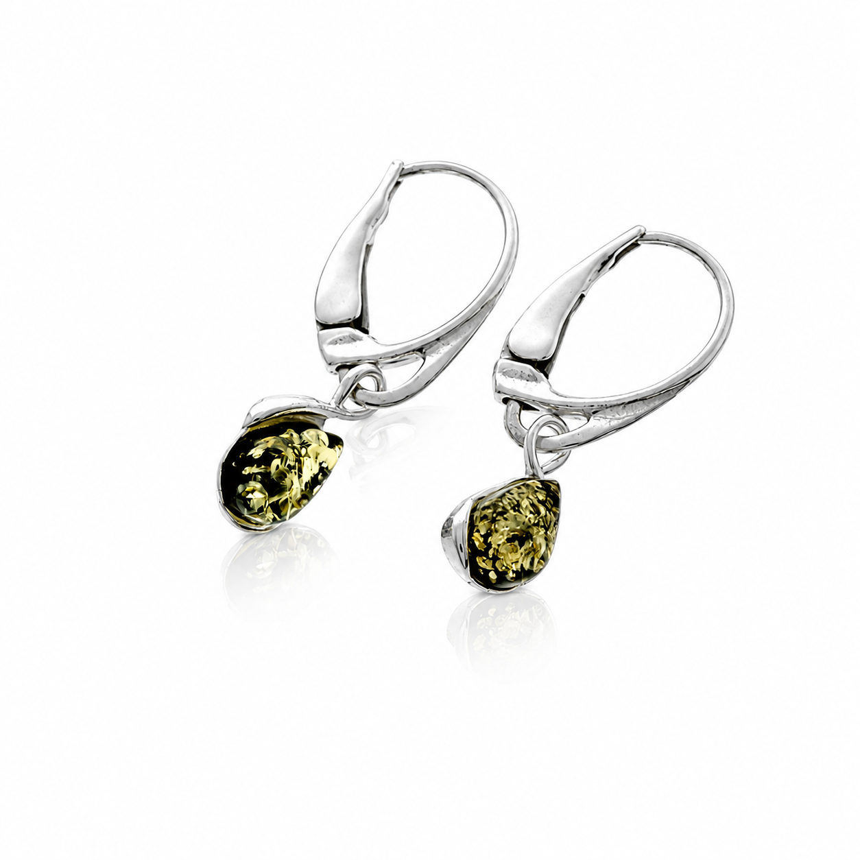 925 Sterling Silver & Genuine Baltic Amber Classic Teardrop Drop Earrings - 8614
