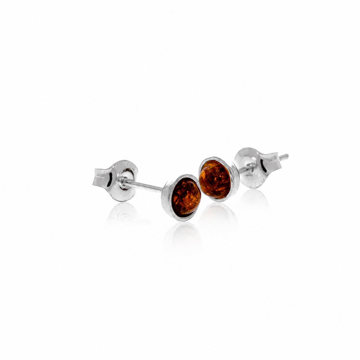 925 Sterling Silver & Genuine Baltic Amber Classic Round Studs Earrings - J010