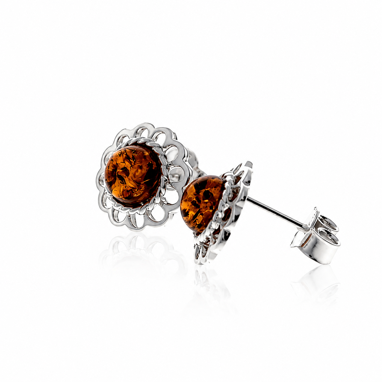 925 Sterling Silver & Genuine Baltic Amber Classic Light Studs Earrings - 8414