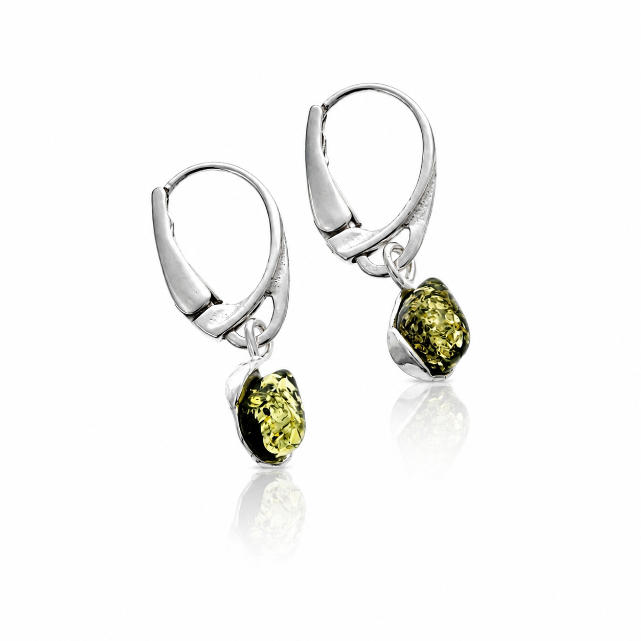 925 Sterling Silver & Genuine Baltic Amber Classic Teardrop Drop Earrings - 8614