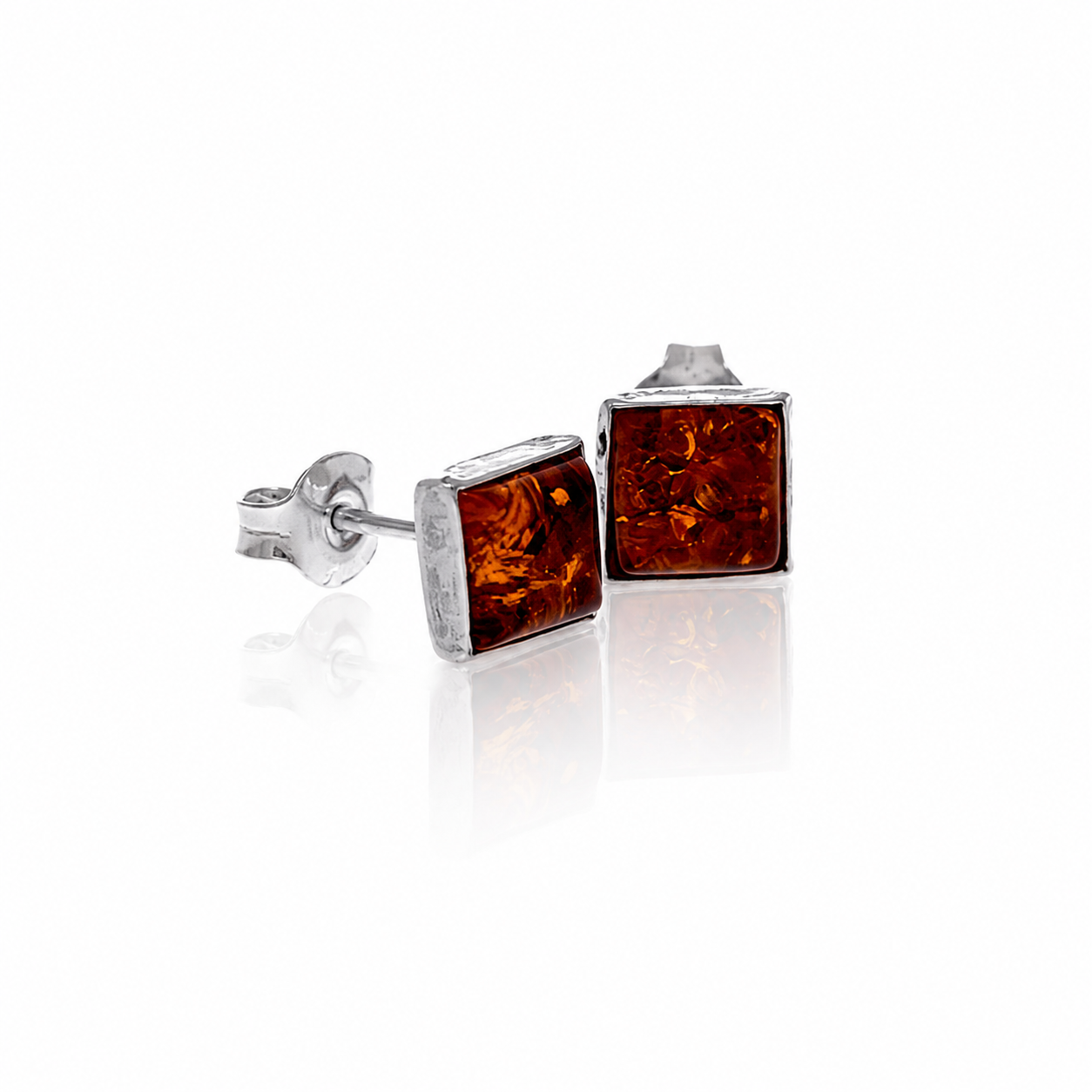 Gold Plated over 925 Sterling Silver & Genuine Baltic Amber Classic Square Studs Earrings - J009