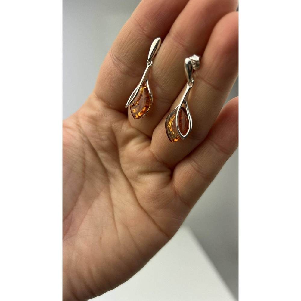 925 Sterling Silver & Genuine Baltic Amber Drop Modern Earrings - GL1026