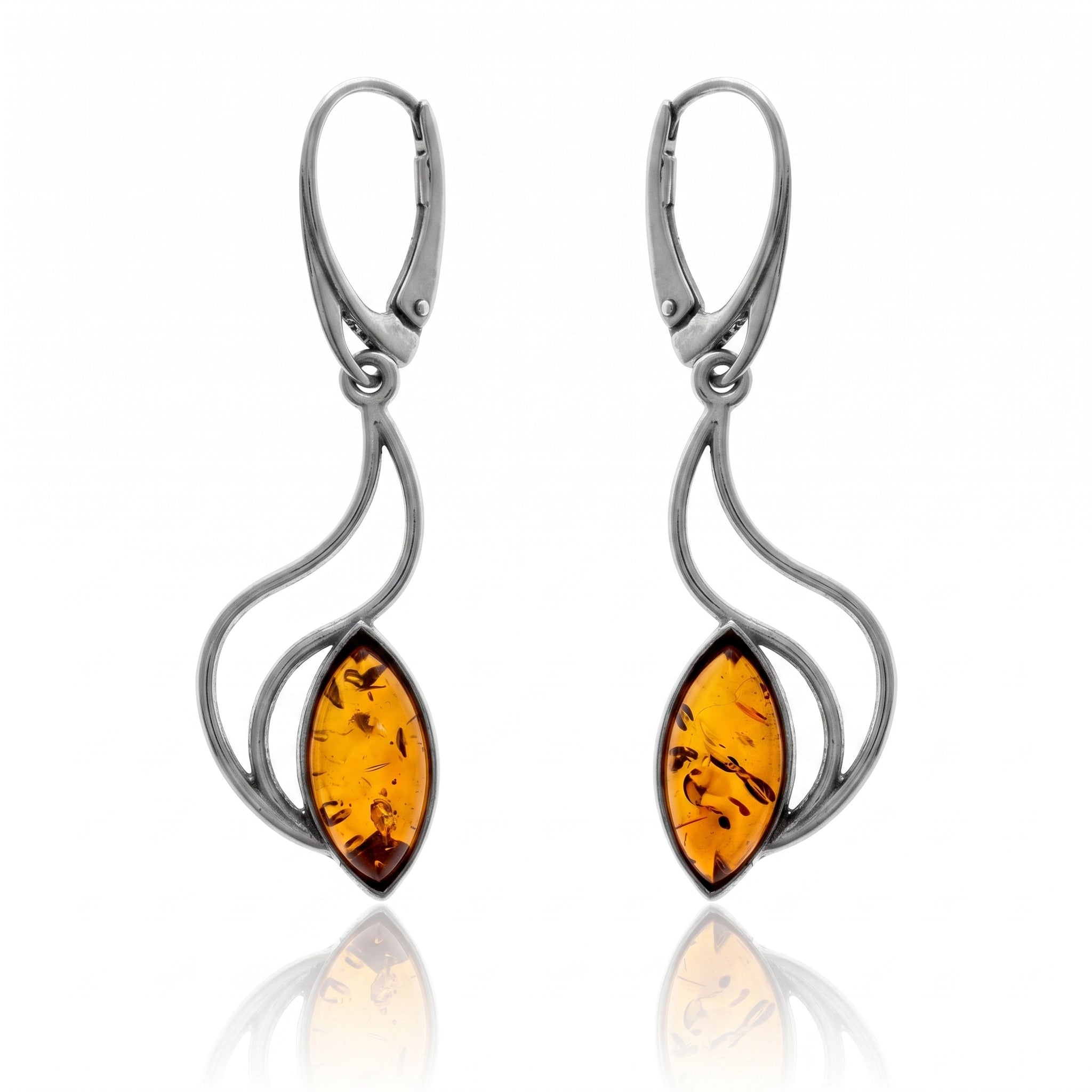 925 Sterling Silver & Genuine Baltic Amber Modern Large Drop Earrings - J013C