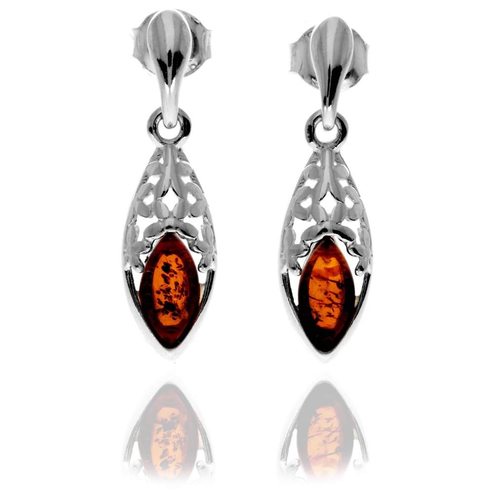 925 Sterling Silver & Genuine Baltic Amber Modern Drop Earrings - GL1042