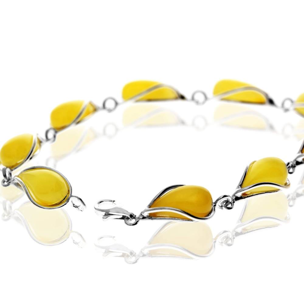 925 Sterling Silver & Genuine Baltic Amber Modern Link Bracelet - G501