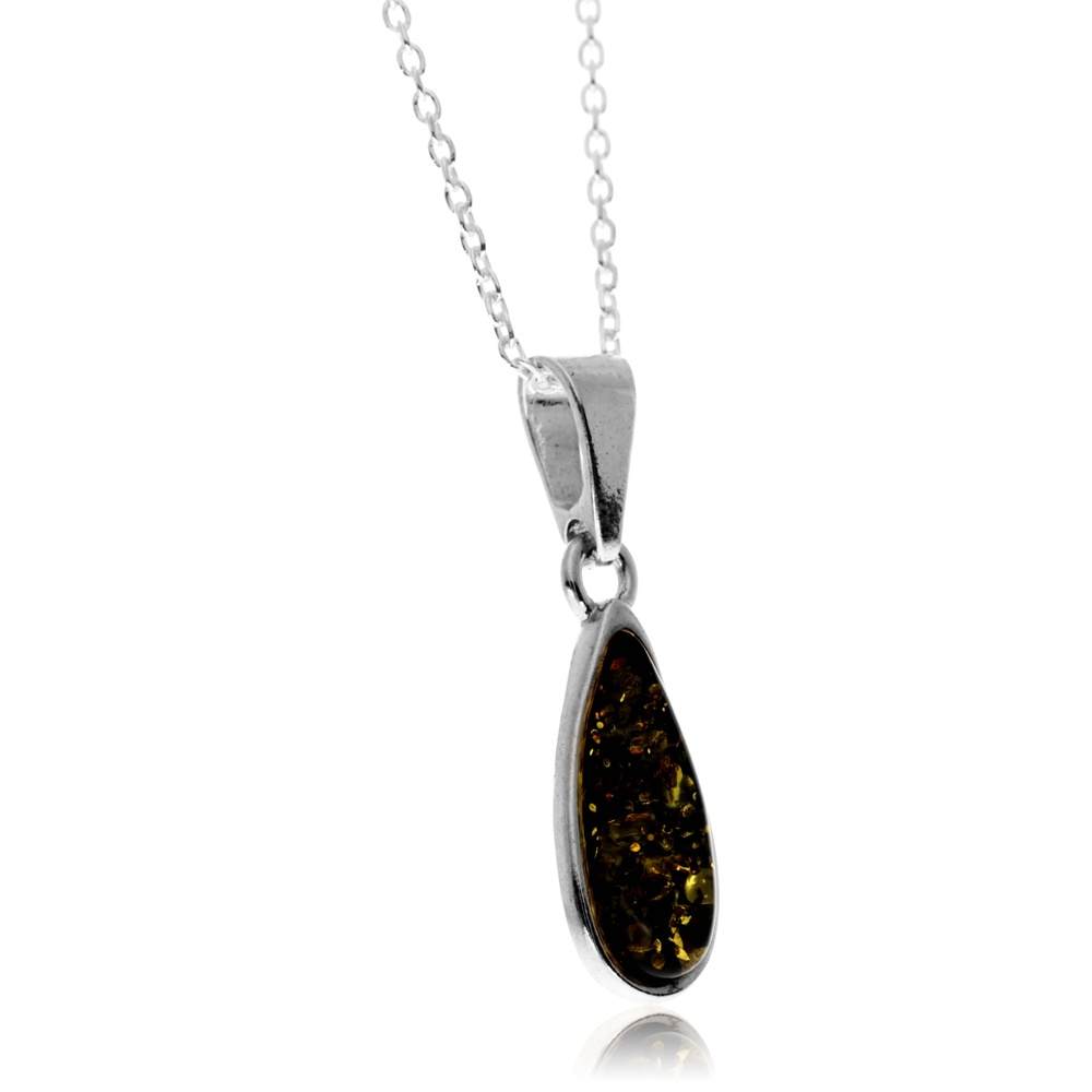 925 Sterling Silver & Genuine Baltic Amber Modern Teardrop Pendant - G236