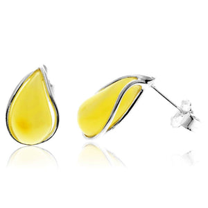 925 Sterling Silver & Baltic Amber Modern Teardrop Studs Earrings - G029S