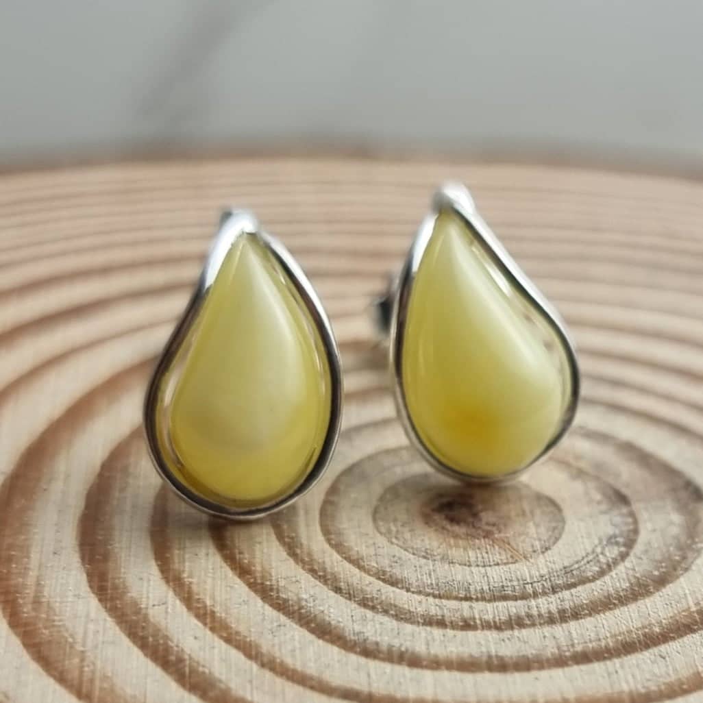 925 Sterling Silver & Baltic Amber Modern Teardrop Studs Earrings - G029S