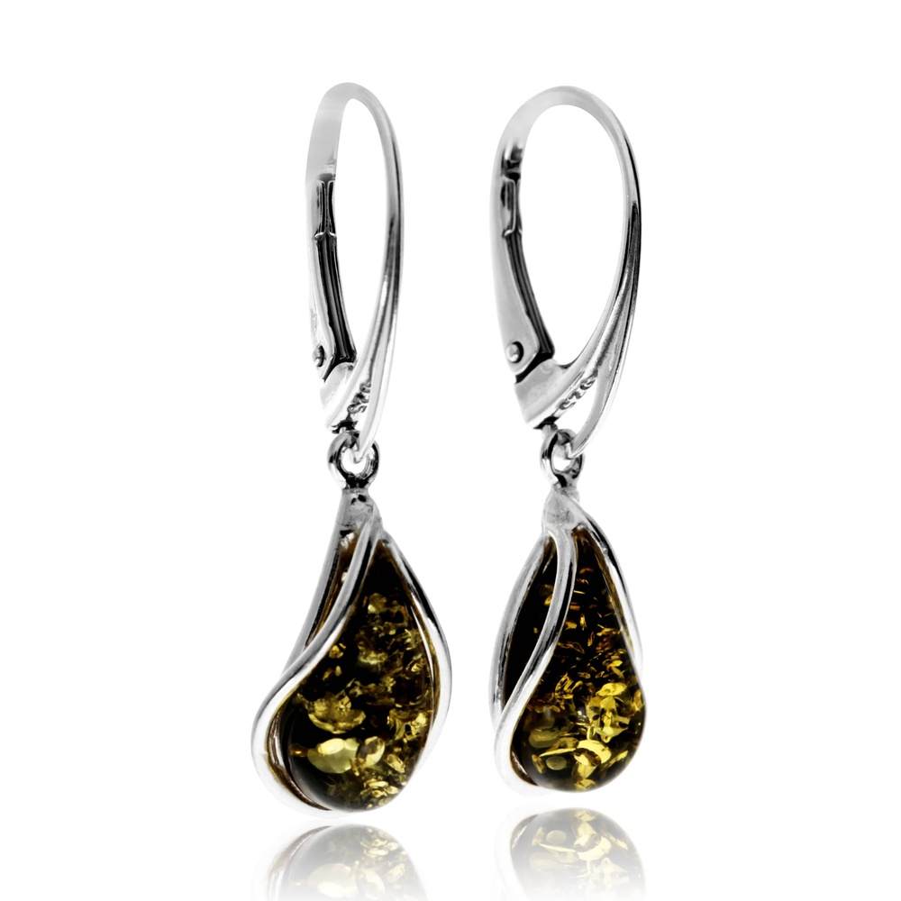 925 Sterling Silver & Baltic Amber Modern Teardrop Drop / Dangle Earrings - G029