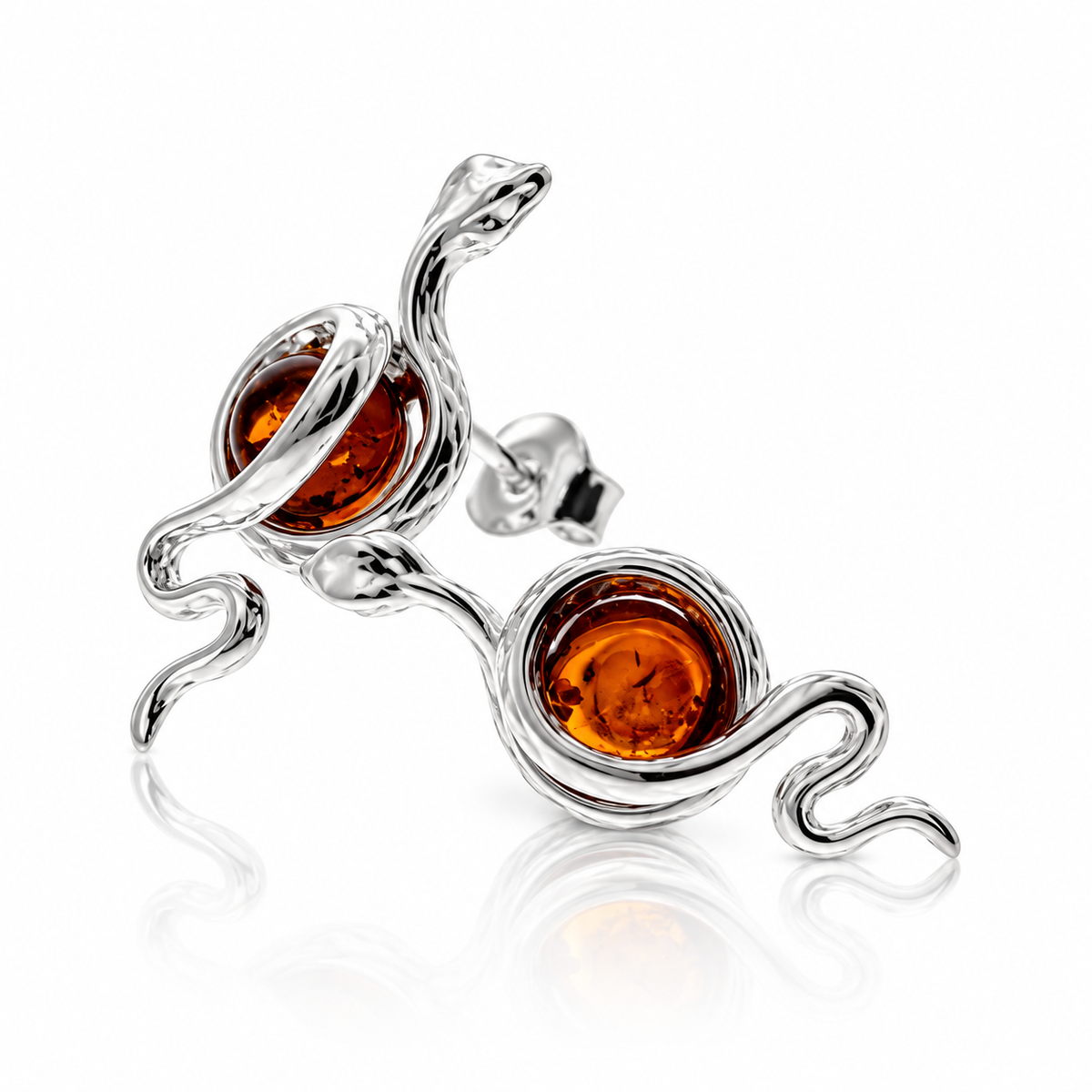 925 Sterling Silver & Genuine Baltic Amber Snake Studs Earrings - GL1061