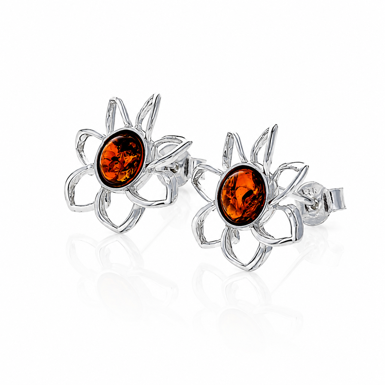 925 Sterling Silver & Genuine Baltic Amber Flowers Studs Earrings - 8417