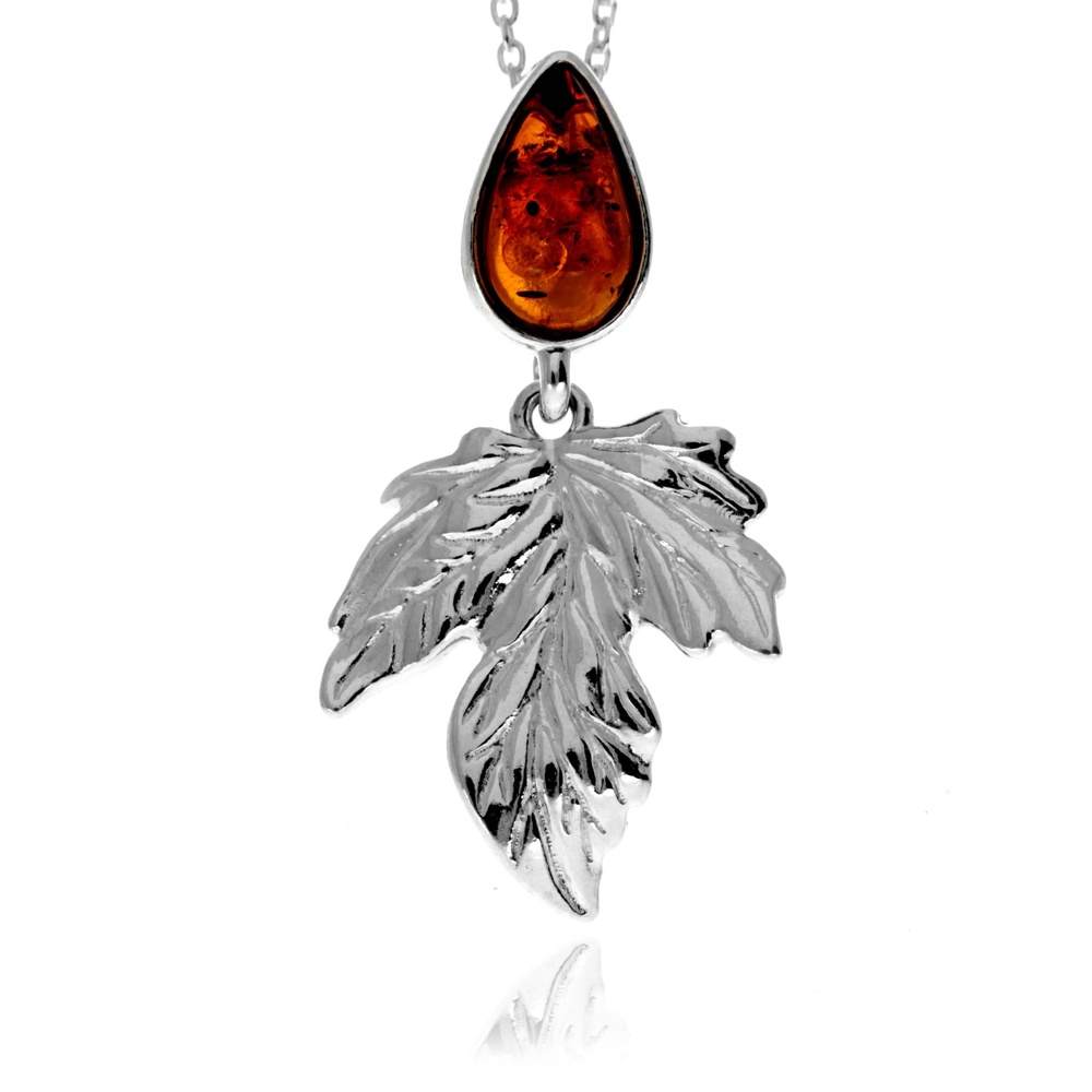 925 Sterling Silver & Teardrop Genuine Baltic Amber Leaf Pendant - GL2064