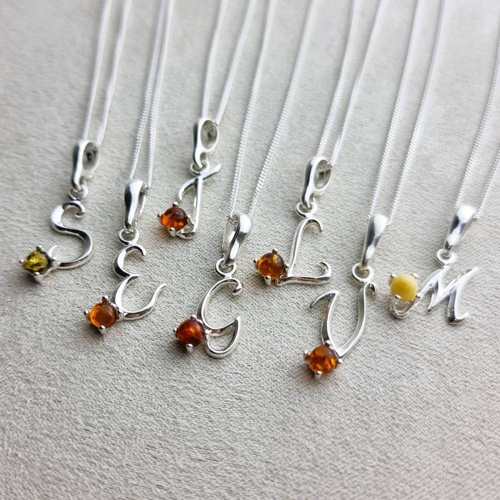 925 Sterling Silver & Genuine Baltic Amber Initials Alphabet Letters Pendant - AP