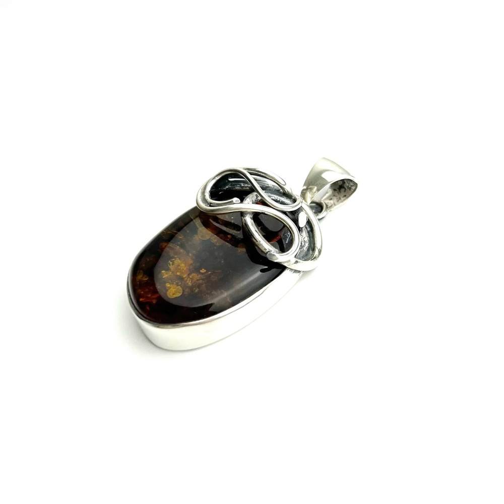 925 Sterling Silver & Genuine Green Baltic Amber Exlusive Unique Pendant - PD0158