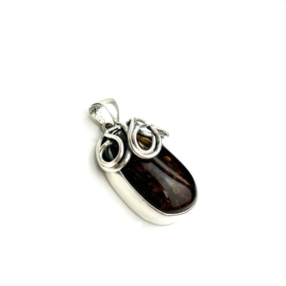 925 Sterling Silver & Genuine Green Baltic Amber Exlusive Unique Pendant - PD0158