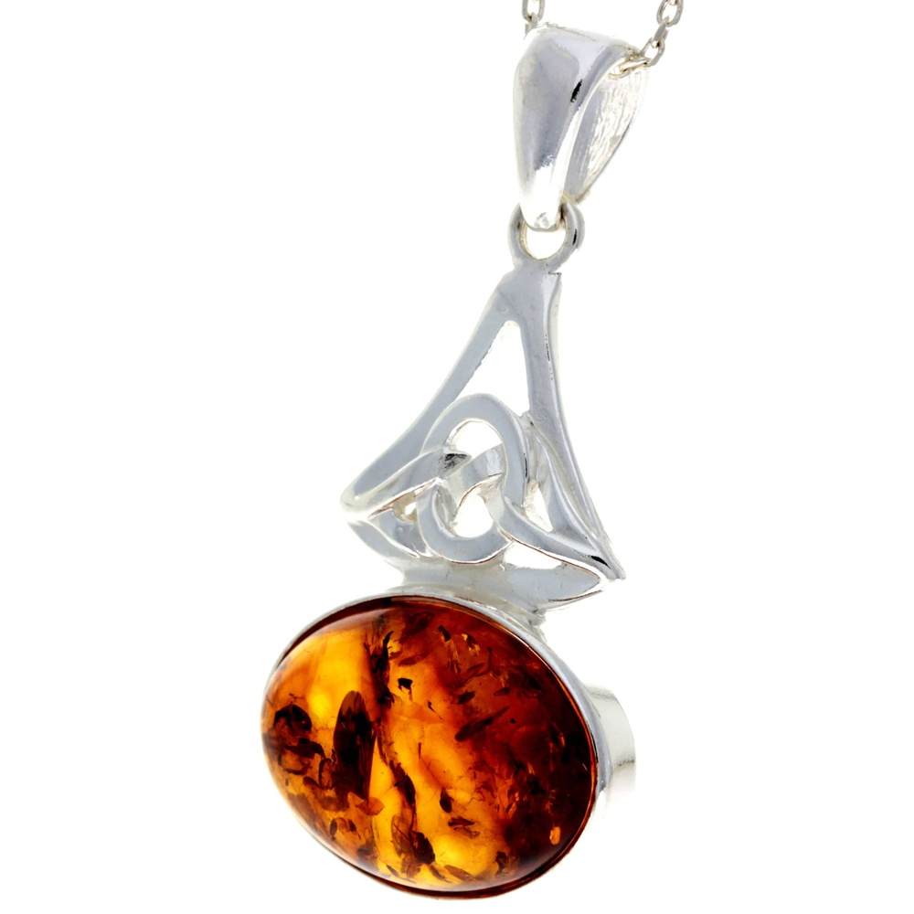 925 Steling Silver & Genuine Baltic Amber Large Classic Celtic Pendant - 1535