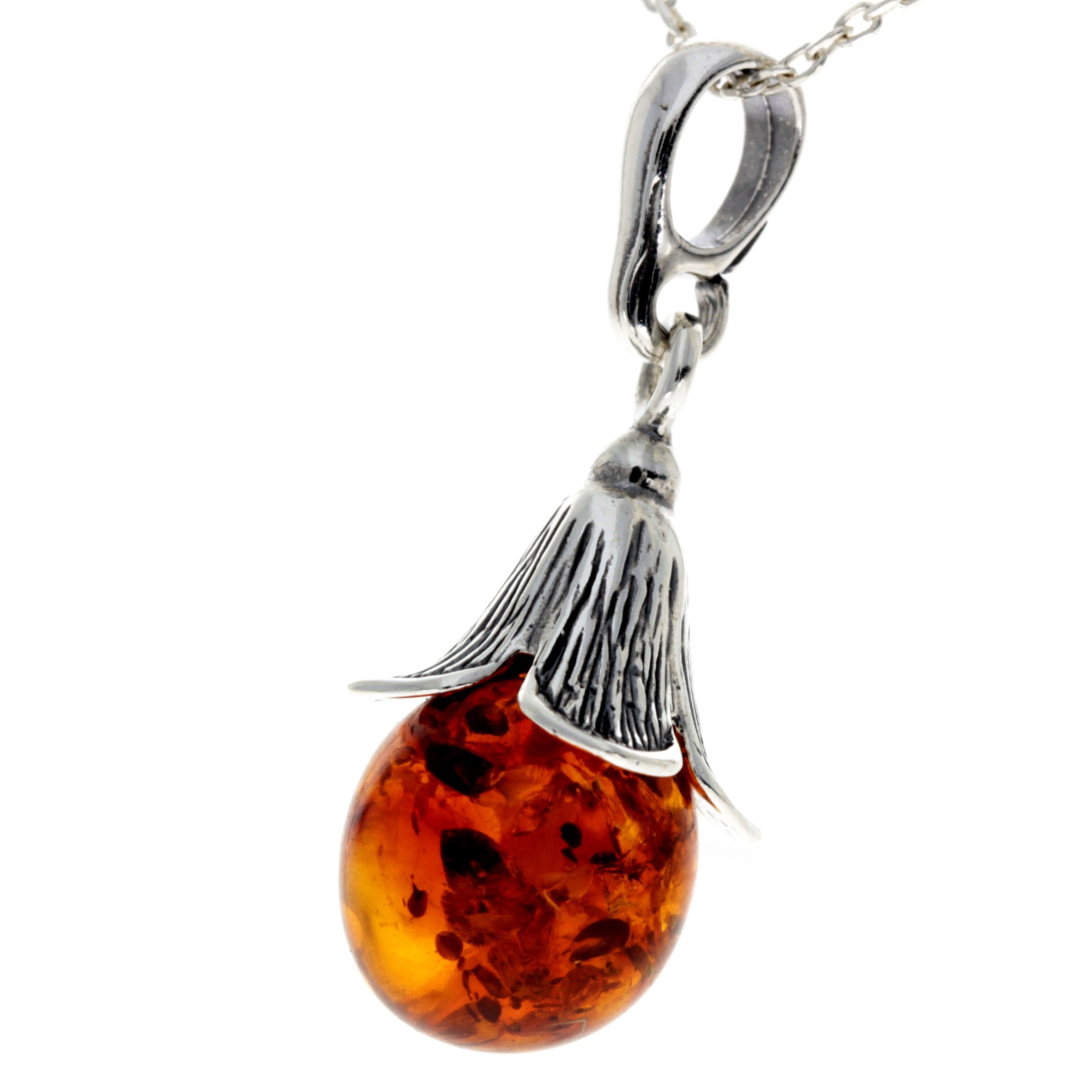 925 Sterling Silver & Genuine Baltic Amber Ball Classic Flower Pendant - 1544