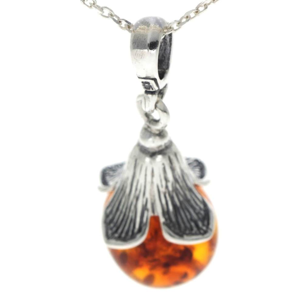 925 Sterling Silver & Genuine Baltic Amber Ball Classic Flower Pendant - 1544