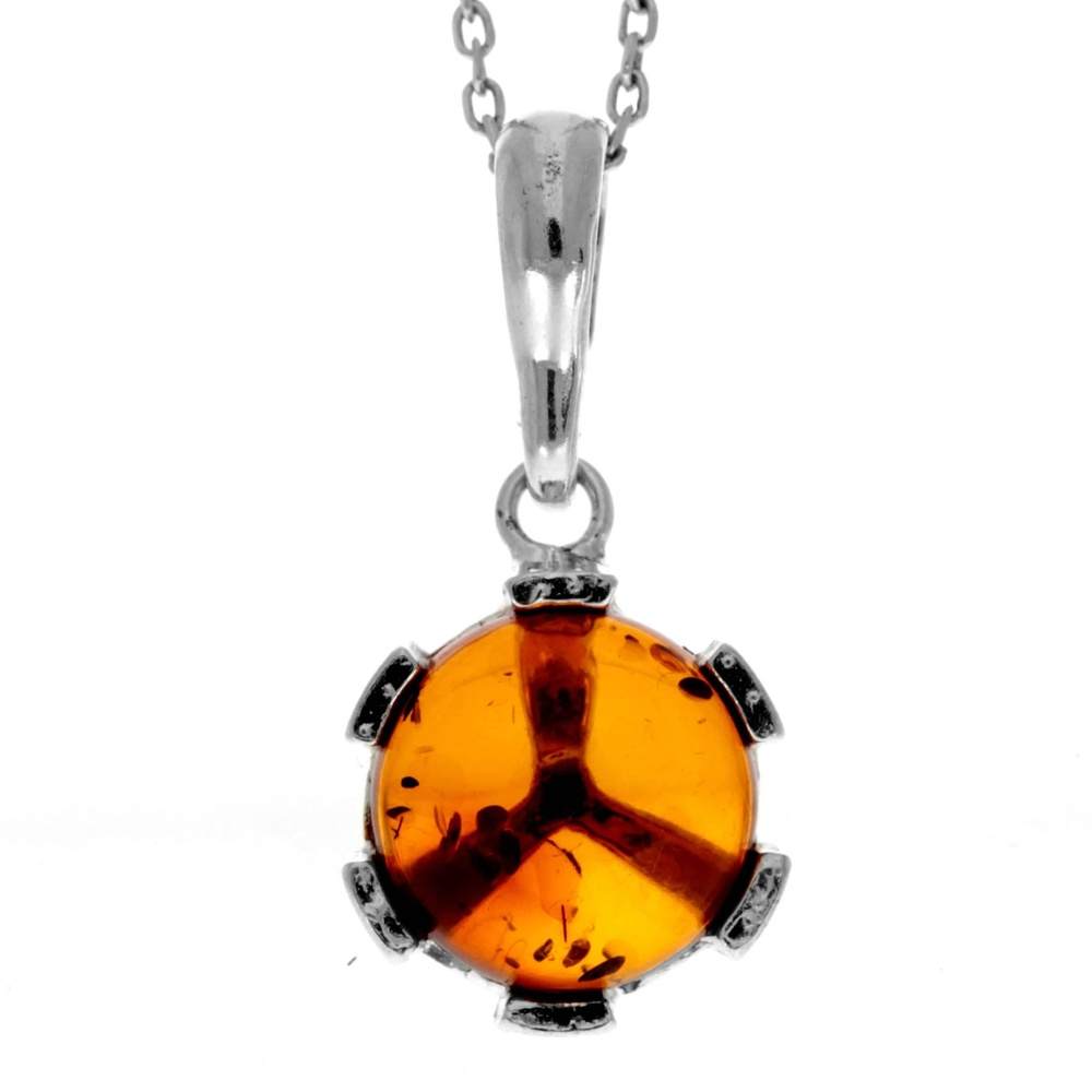 925 Sterling Silver & Genuine Baltic Amber Classic Round Modern Pendant - 1581