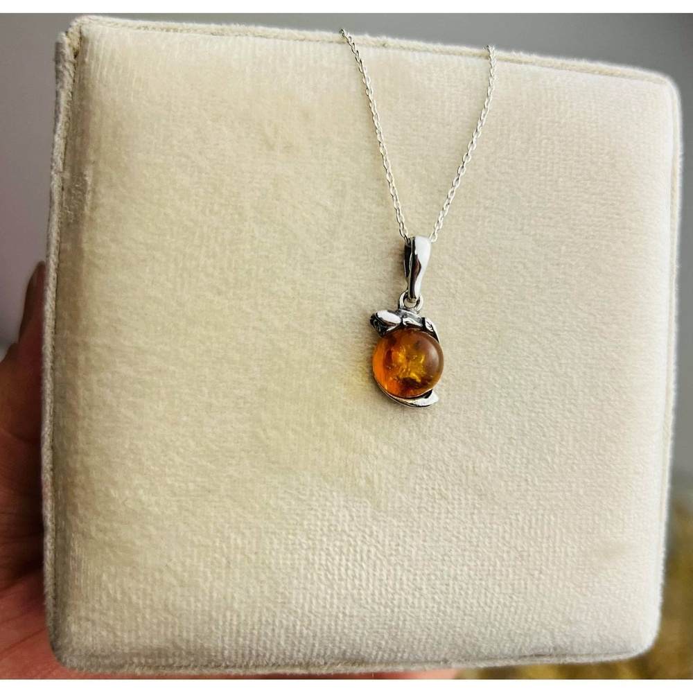 925 Sterling Silver & Genuine Baltic Amber Classic Round  Pendant - 1587