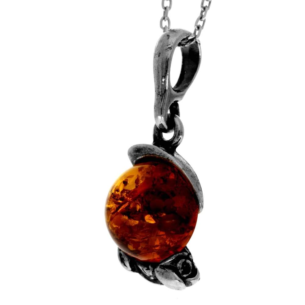 925 Sterling Silver & Genuine Baltic Amber Classic Round Pendant - 1587