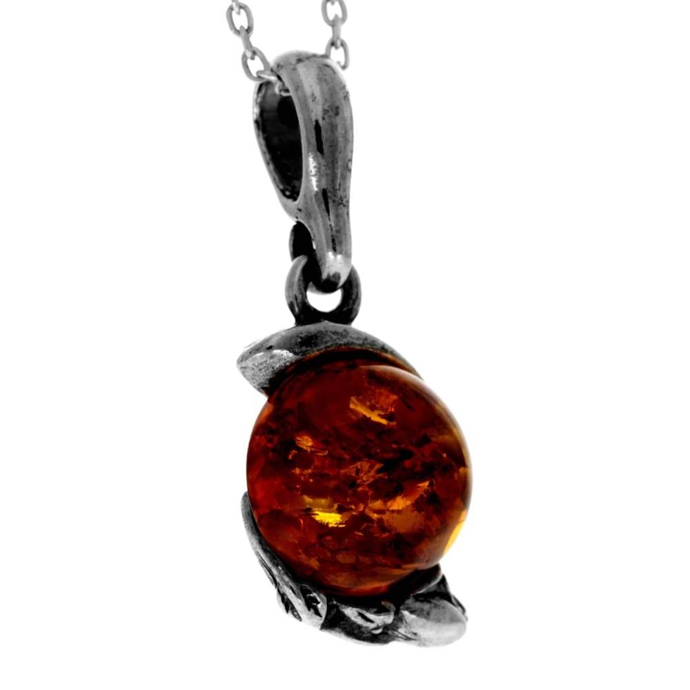 925 Sterling Silver & Genuine Baltic Amber Classic Round Pendant - 1587