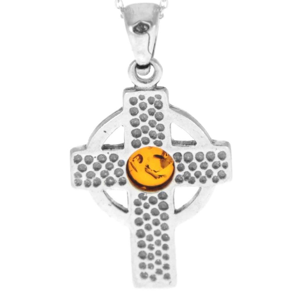 925 Sterling Silver & Baltic Amber Celtic Cross Pendant - 1640