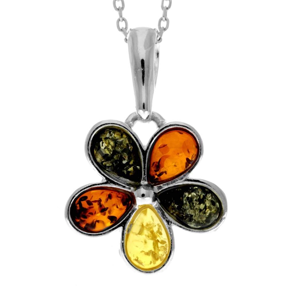 925 Sterling Silver & Genuine Teardrop Baltic Amber Multi Stones Classic Pendant - 1665