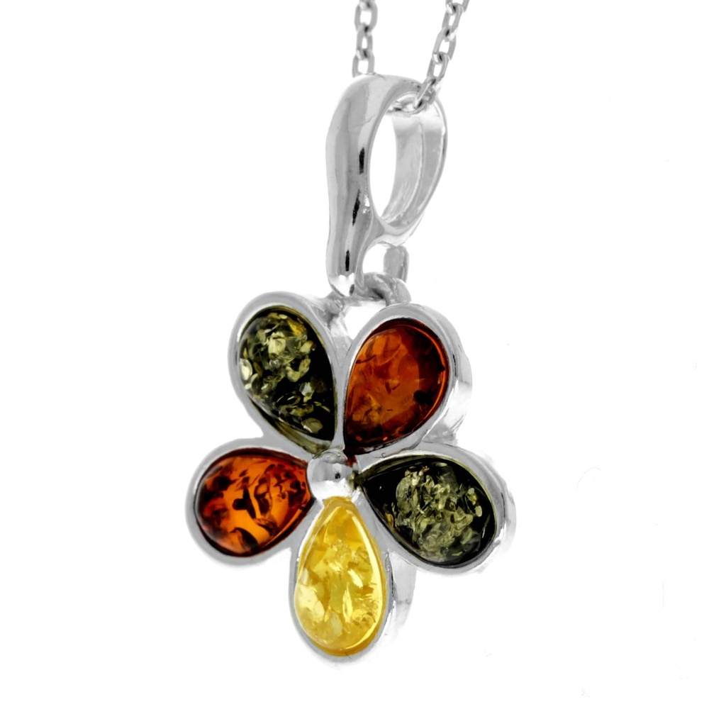 925 Sterling Silver & Genuine Teardrop Baltic Amber Multi Stones Classic Pendant - 1665