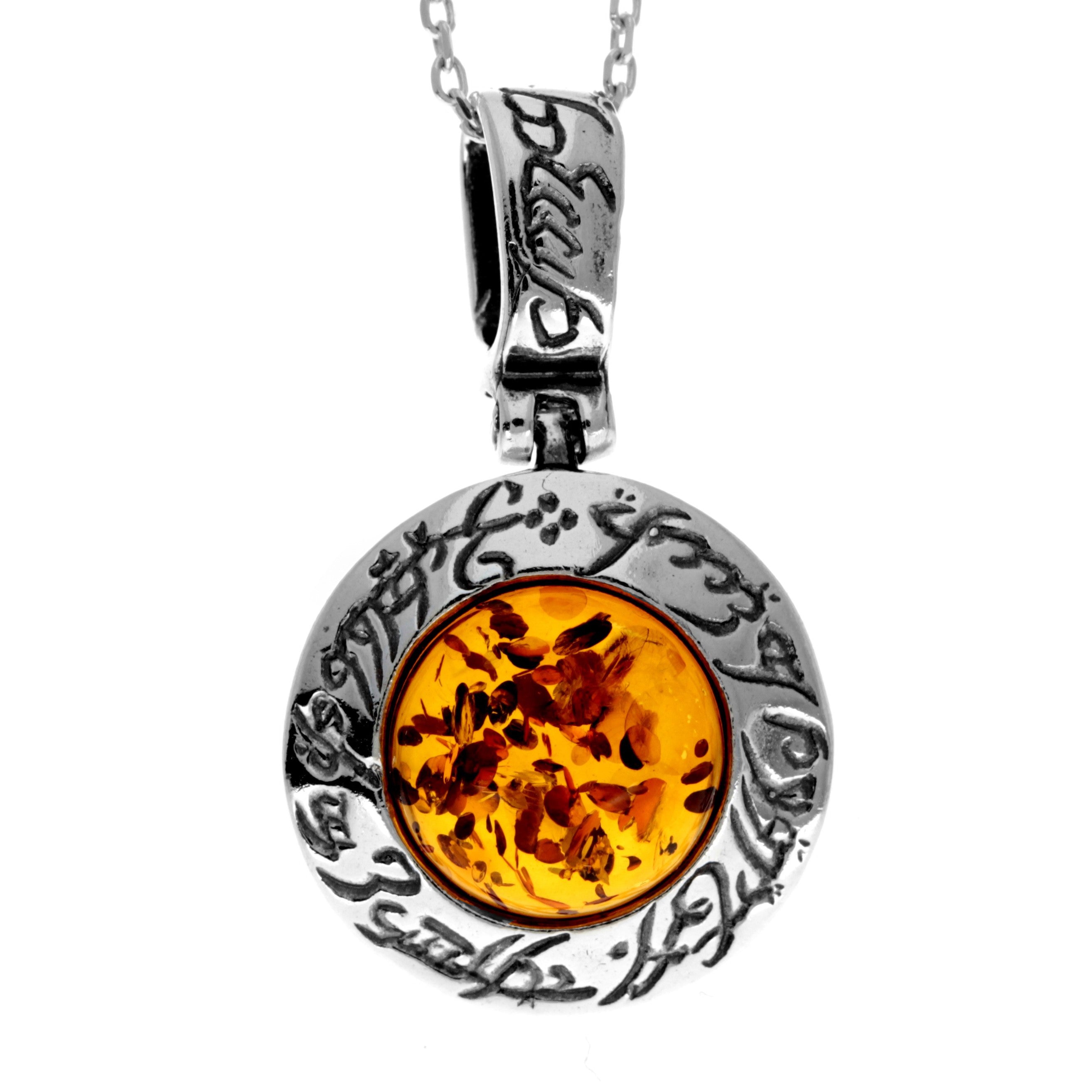 925 Steling Silver & Genuine Baltic Amber Modern Round Pendant - 1670