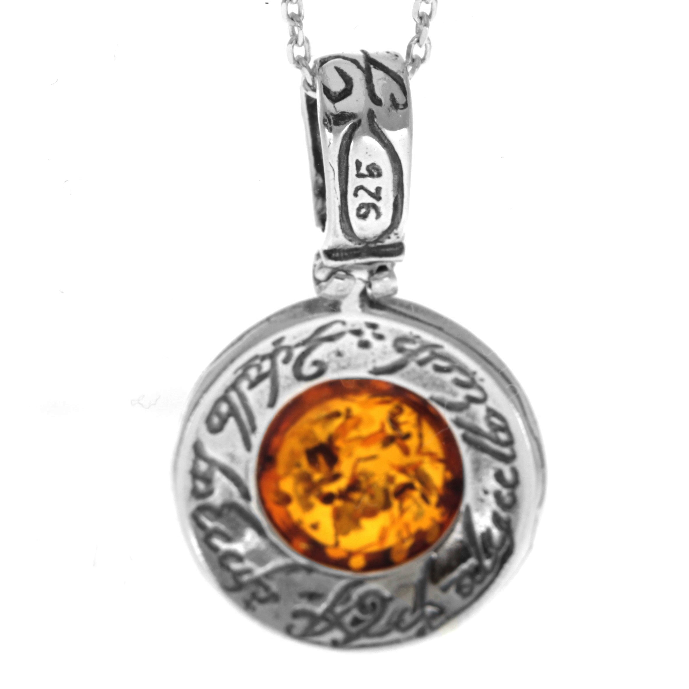 925 Steling Silver & Genuine Baltic Amber Modern Round Pendant - 1670