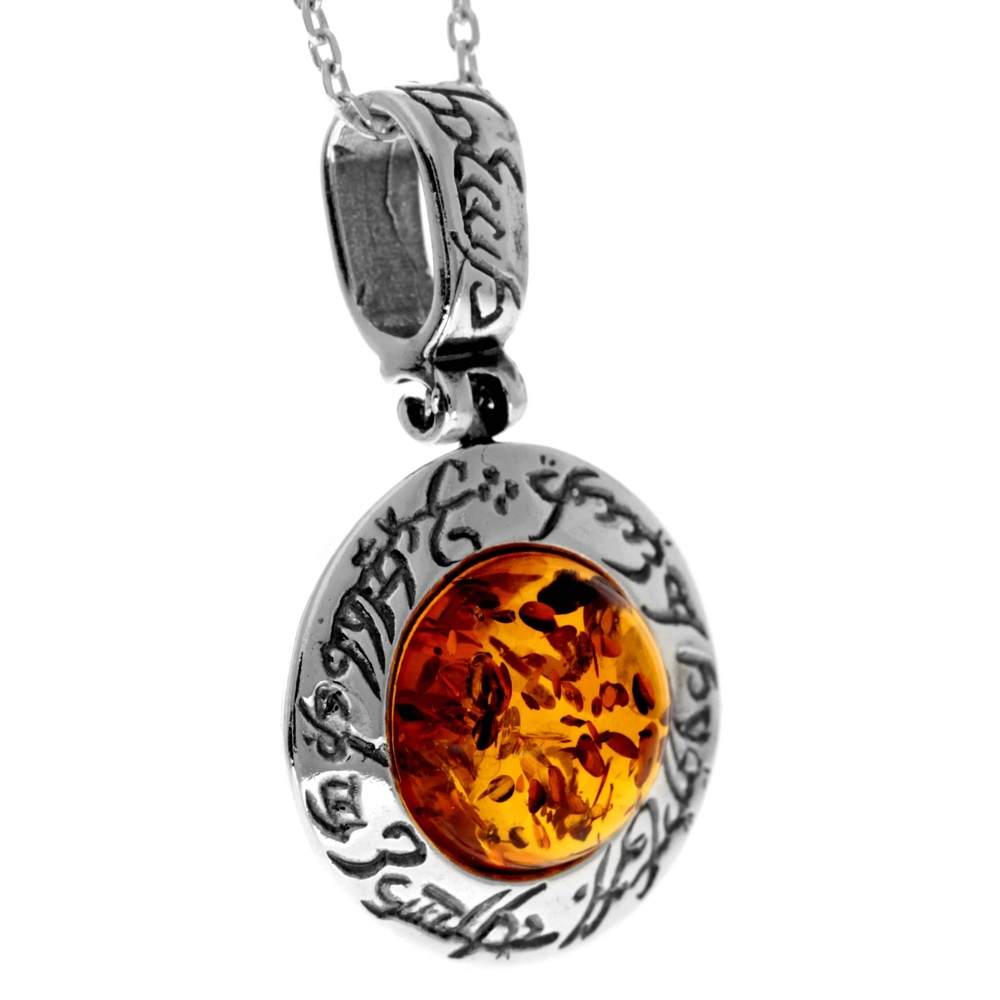 925 Steling Silver & Genuine Baltic Amber Modern Round Pendant - 1670