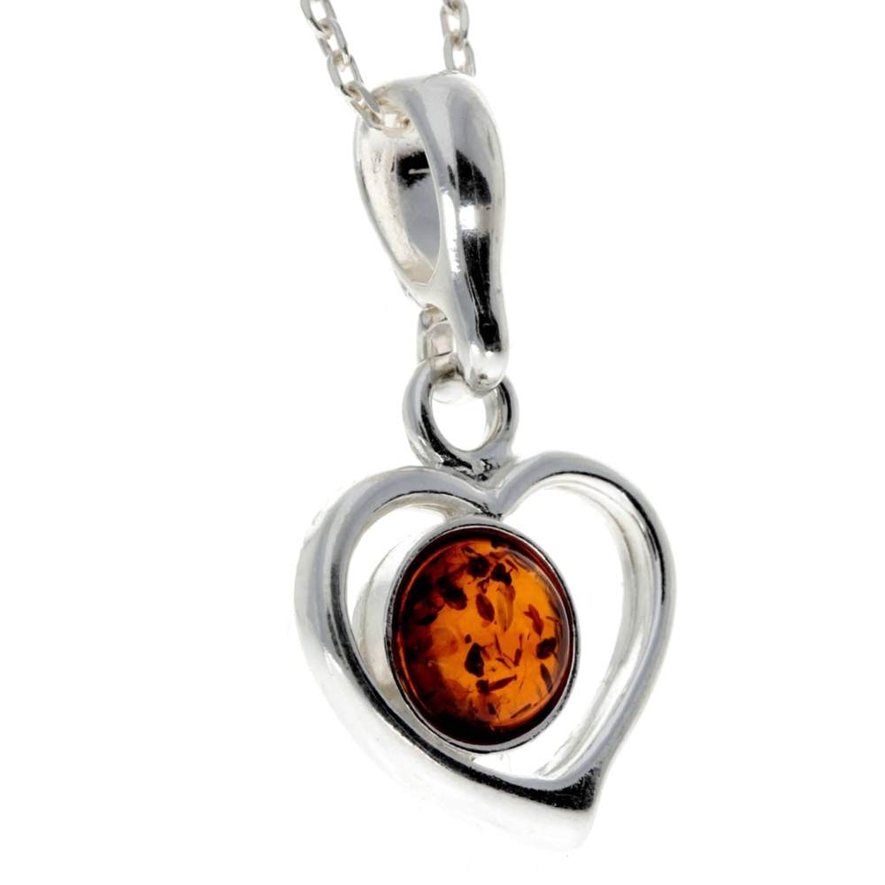 925 Sterling Silver & Genuine Baltic Amber Classic Heart Pendant - 1674