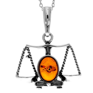 925 Sterling Silver & Genuine Baltic Amber Classic Zodiac Libra Pendant - 1697