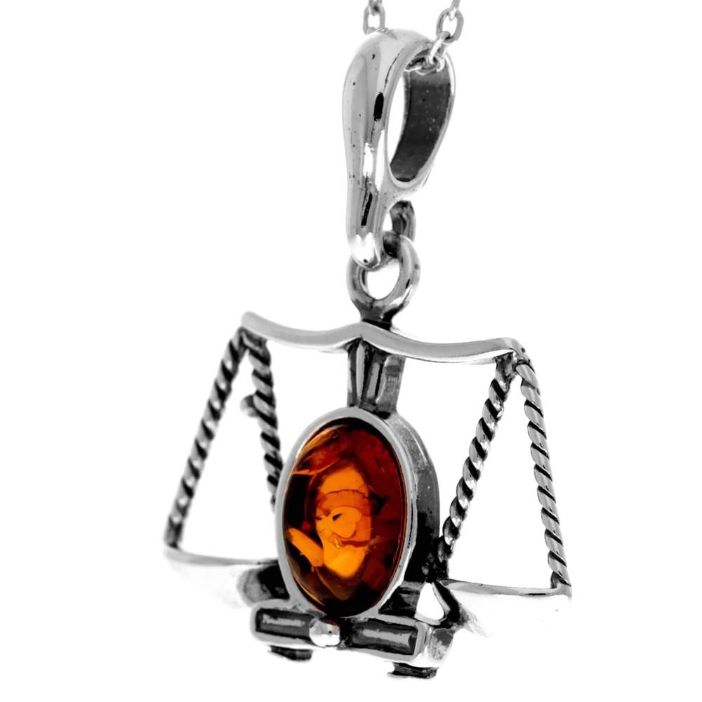 925 Sterling Silver & Genuine Baltic Amber Classic Zodiac Libra Pendant - 1697