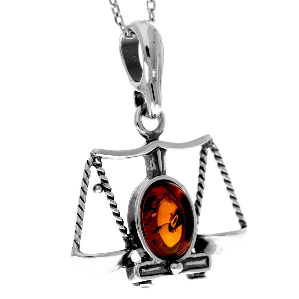 925 Sterling Silver & Genuine Baltic Amber Classic Zodiac Libra Pendant - 1697