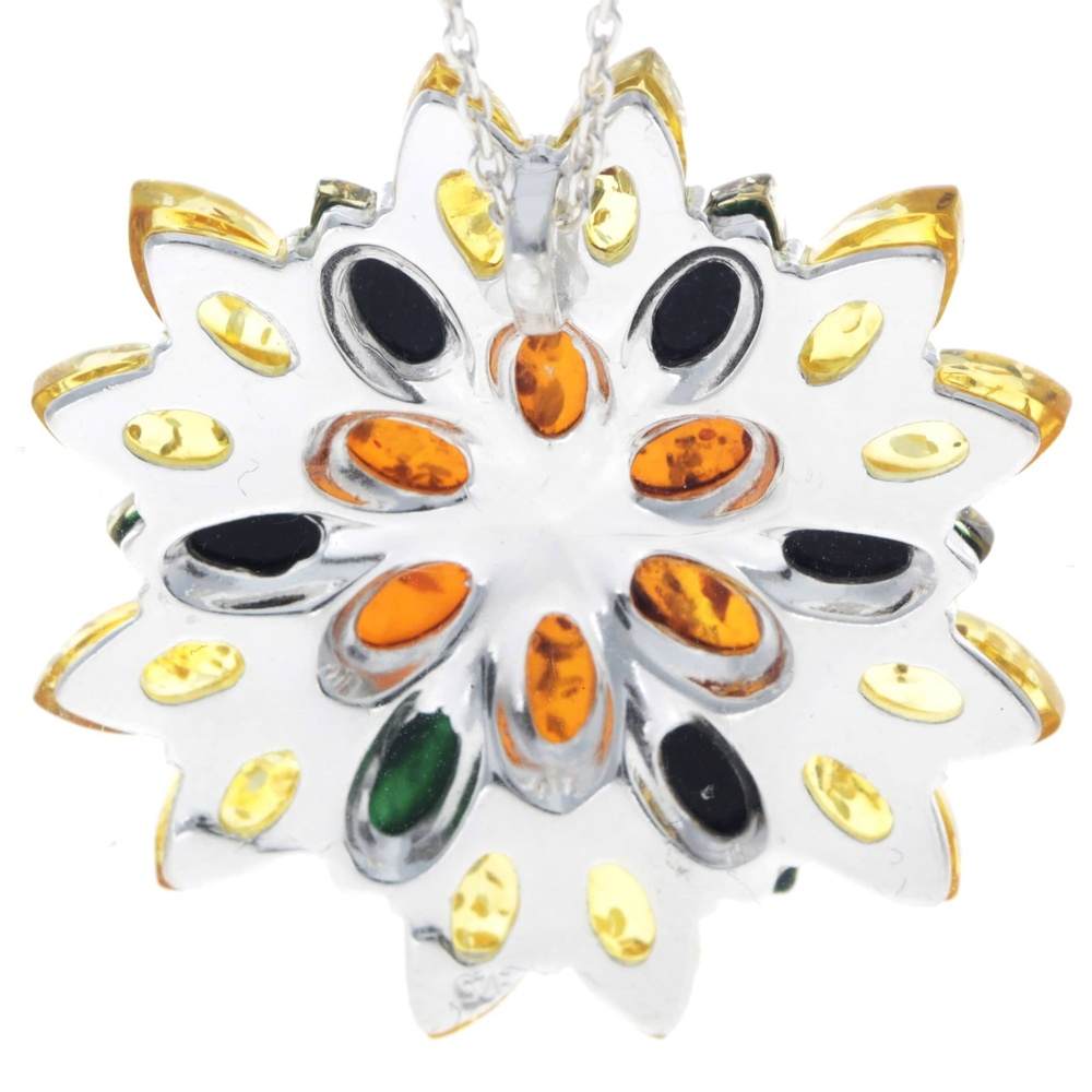 925 Sterling Silver & Genuine Baltic Amber Multi Stone Classic Pendant - 1702