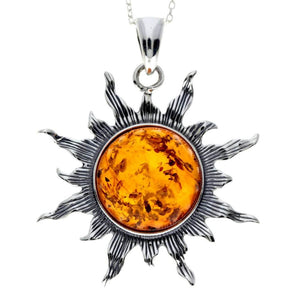 925 Sterling Silver & Genuine Baltic Amber Large Start / Sun Pendant - 1864