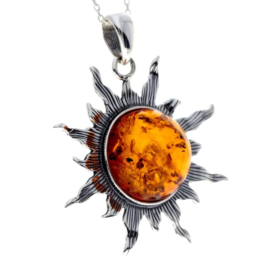 925 Sterling Silver & Genuine Baltic Amber Large Start / Sun Pendant - 1864