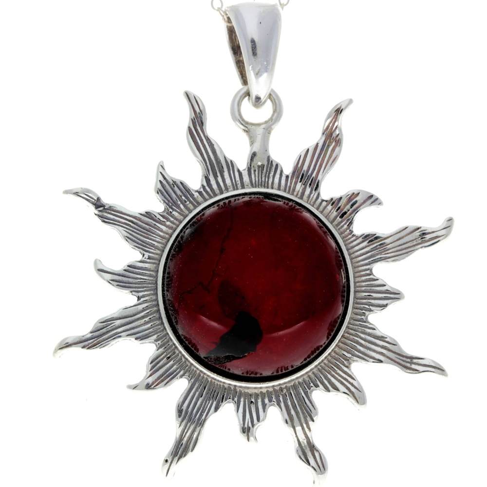 925 Sterling Silver & Genuine Baltic Amber Large Start / Sun Pendant - 1864