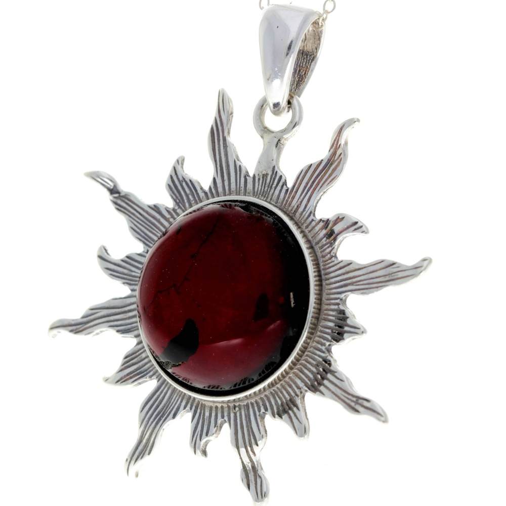 925 Sterling Silver & Genuine Baltic Amber Large Start / Sun Pendant - 1864