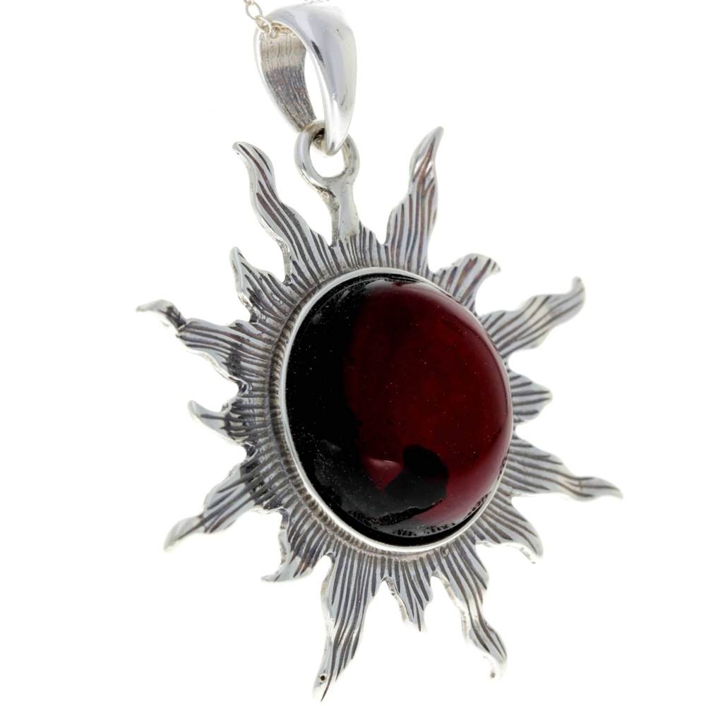 925 Sterling Silver & Genuine Baltic Amber Large Start / Sun Pendant - 1864