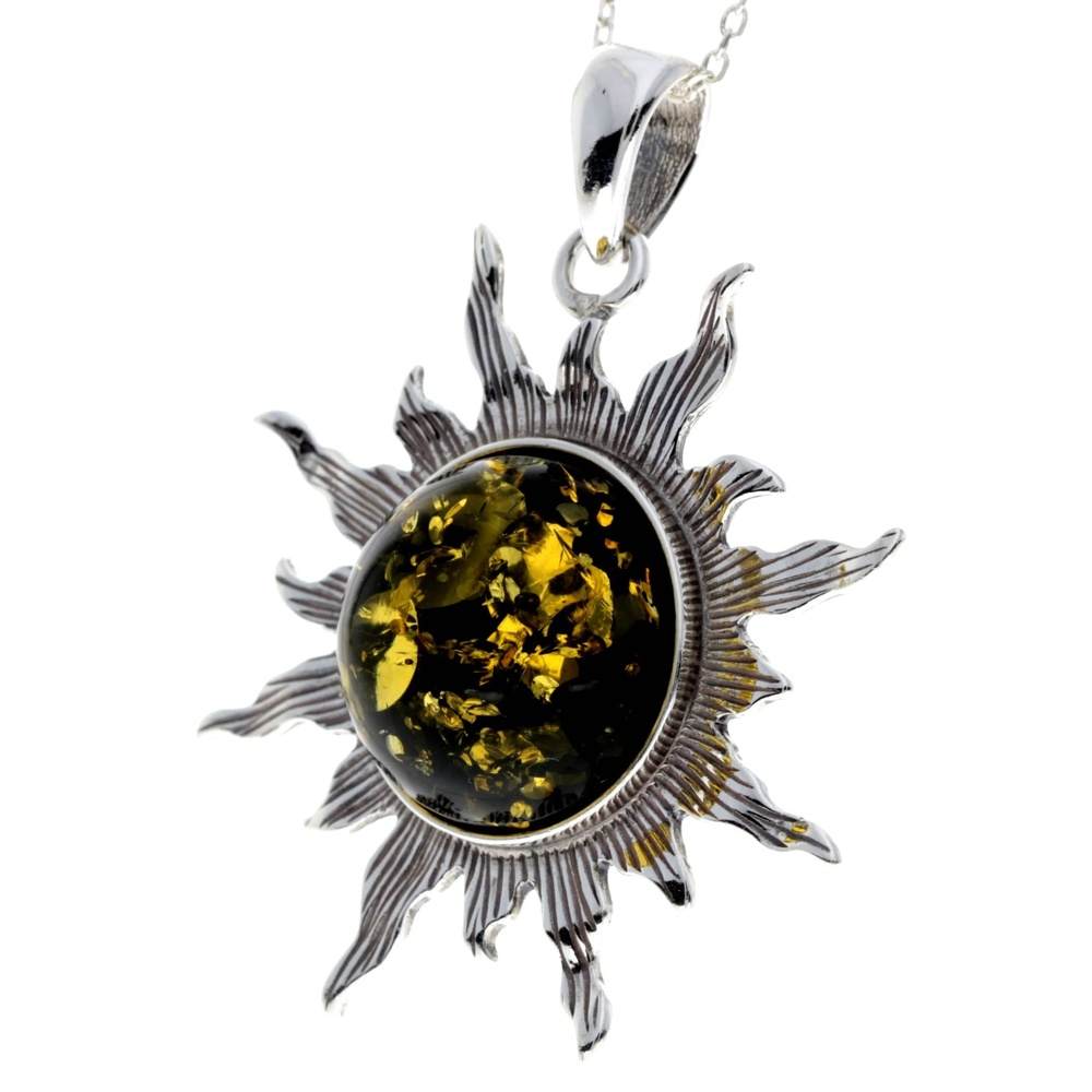 925 Sterling Silver & Genuine Baltic Amber Large Start / Sun Pendant - 1864